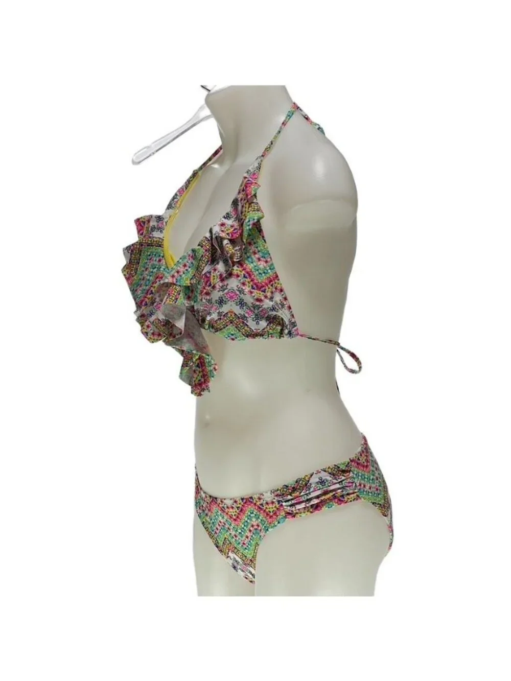 Jessica Simpson Ruffle Halter Bikini Set With Chevron & Floral Print XL
